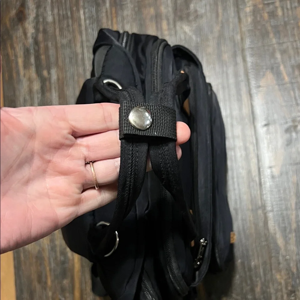 Black Diaper Bag with 16 pockets and Tan Accents
